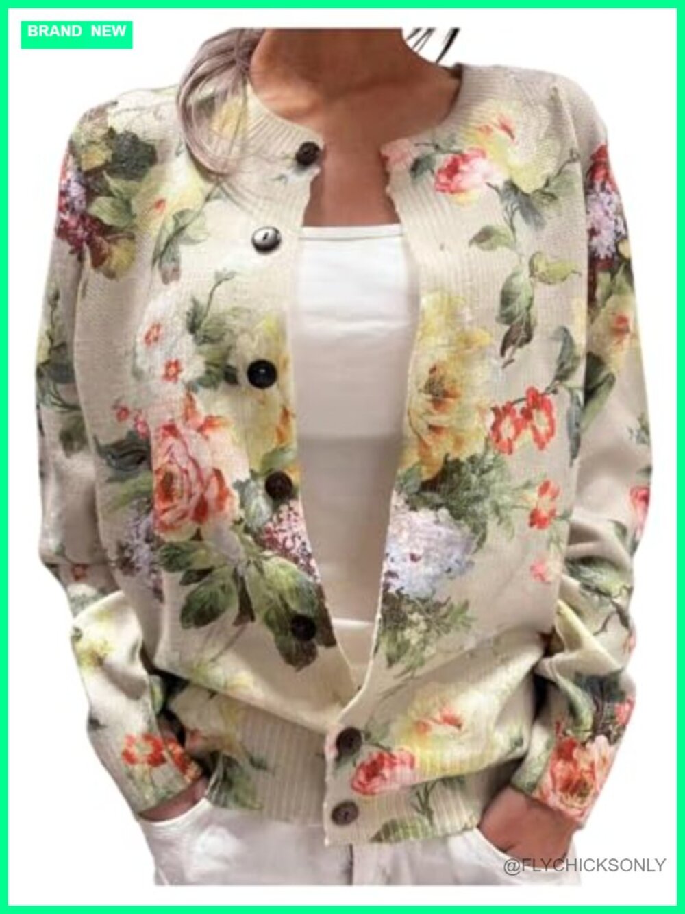Floral Cardigan Sweaters for Women Button Front Long Sleeve Round Neck Knitwear